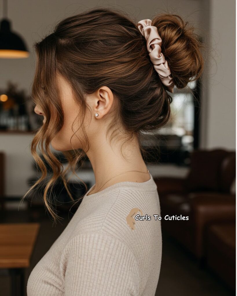 Messy Bun with Scrunchie Heatless hairstyle
