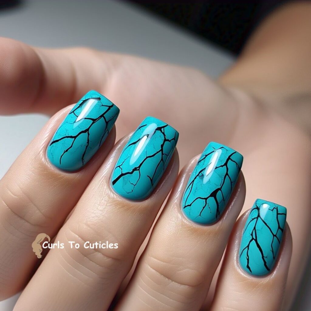 Black Veins Turquoise inspired nail design