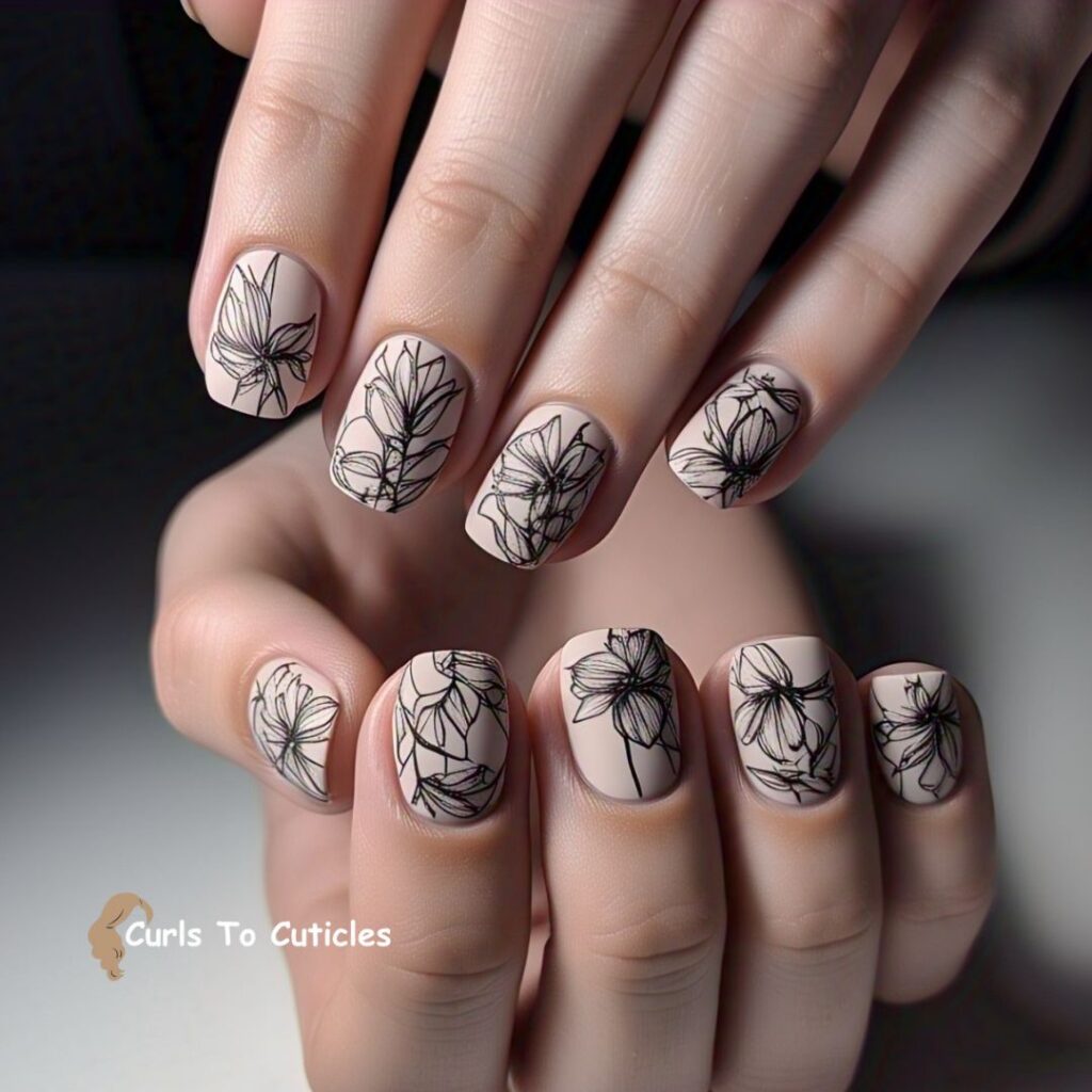 Black and White Floral Sketch Floral Nail Art