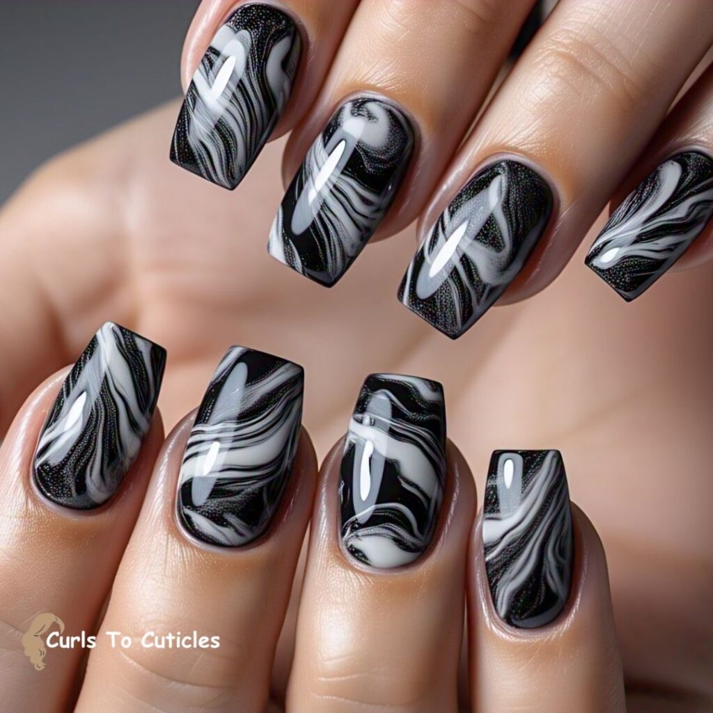 Black and White Marble Wedding Nail Design