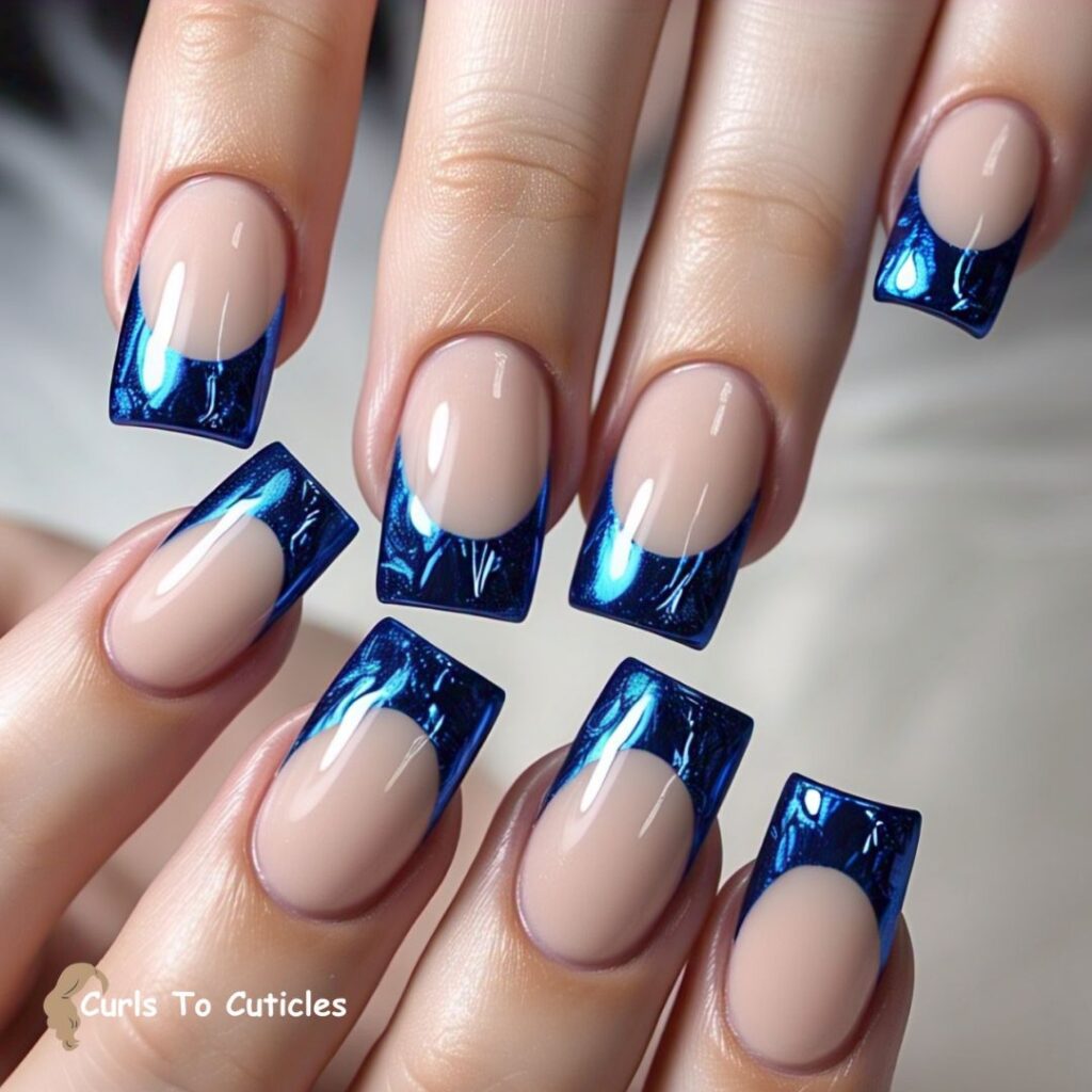 Blue Chrome Tips on Nude Nails trendy nails