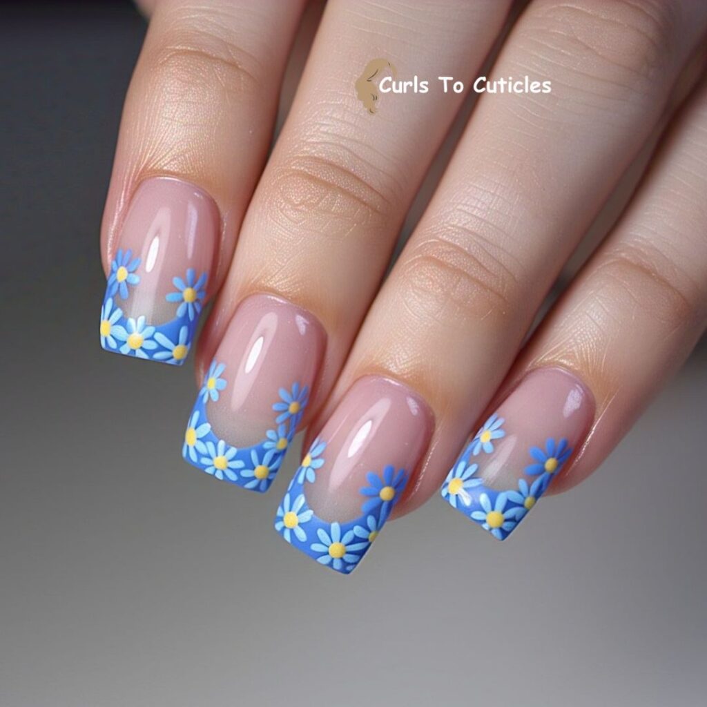 Blue Daisy Tips Floral Nail Art 3