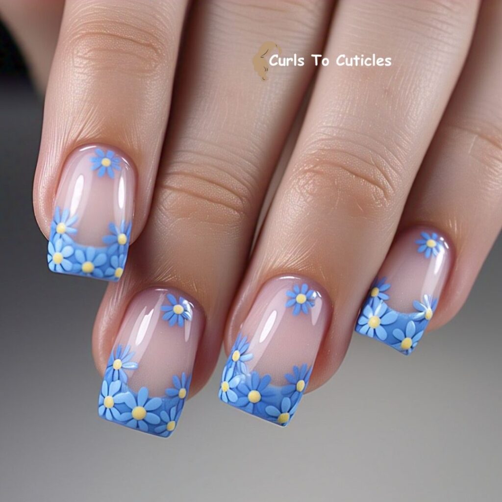 Blue Daisy Tips Floral Nail Art 1