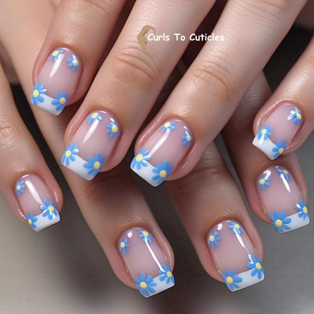 Blue Daisy Tips Floral Nail Art 2