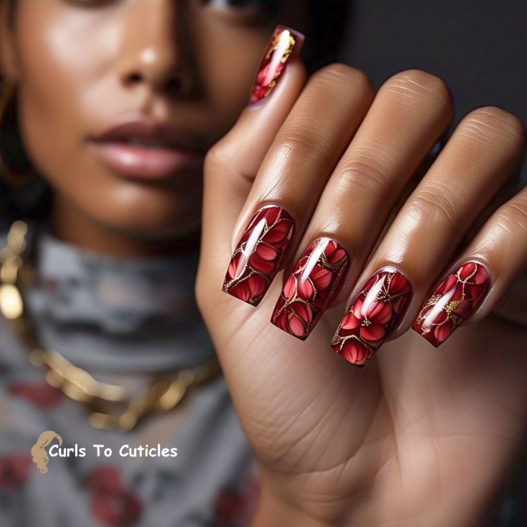 Bold Red Petals with Gold Detail Floral Nail Art