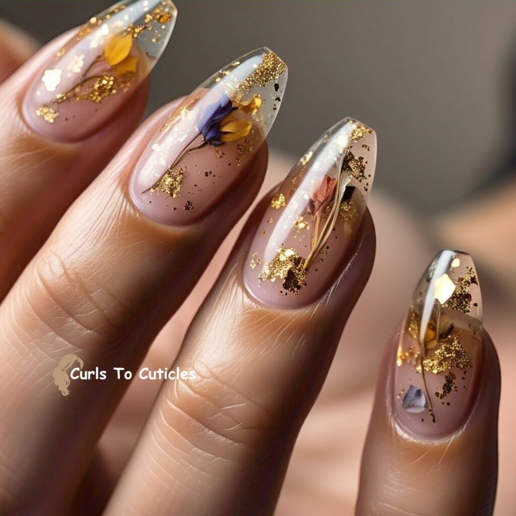 Clear Nails with Floating Elements Wedding Nail Design