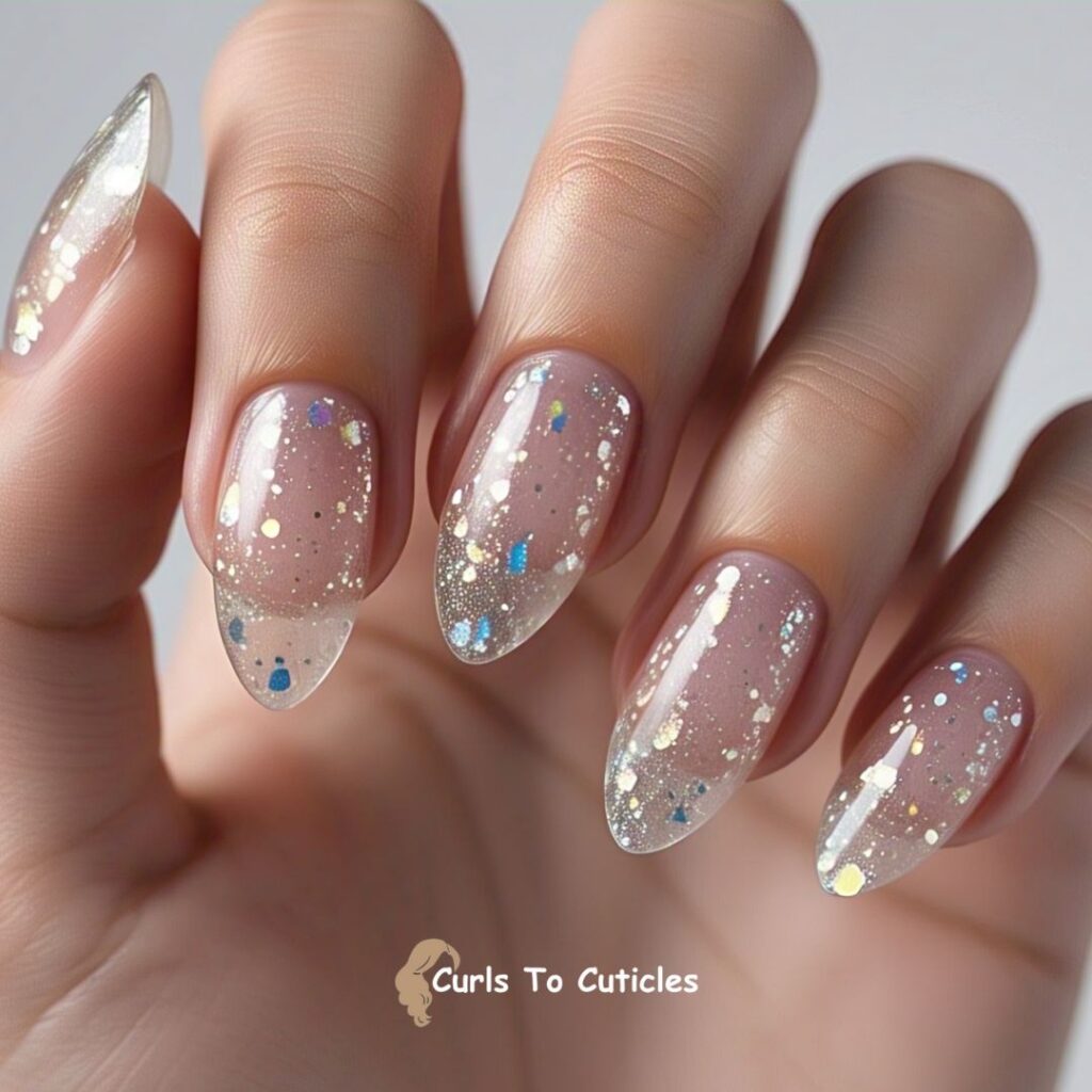 Clear Nails with Glitter Inside Almond Nails design