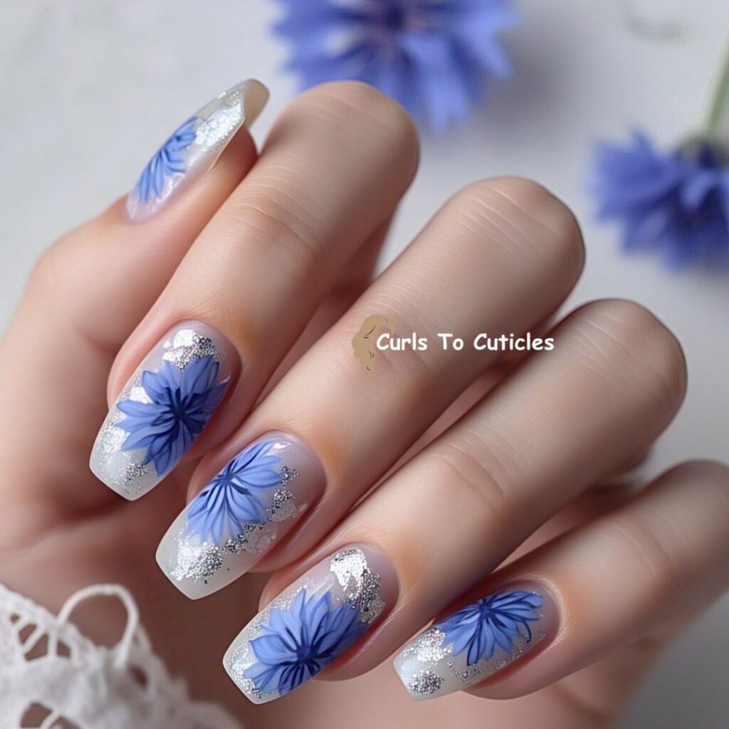 Cornflower Blue Floral Nail Art 1