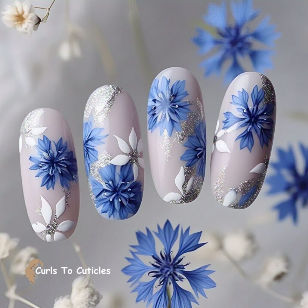 Cornflower Blue Floral Nail Art 2