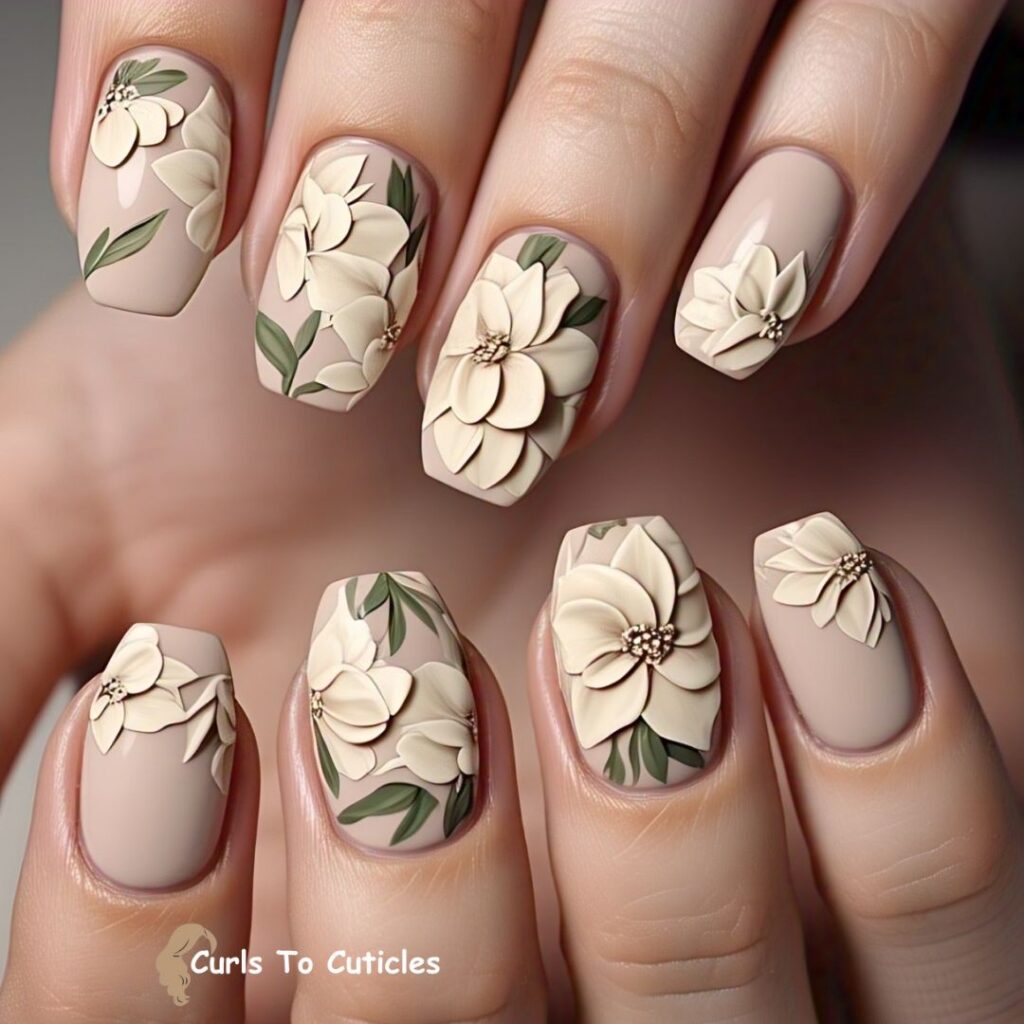 Creamy White Petals with Green Accents Floral Nail Art