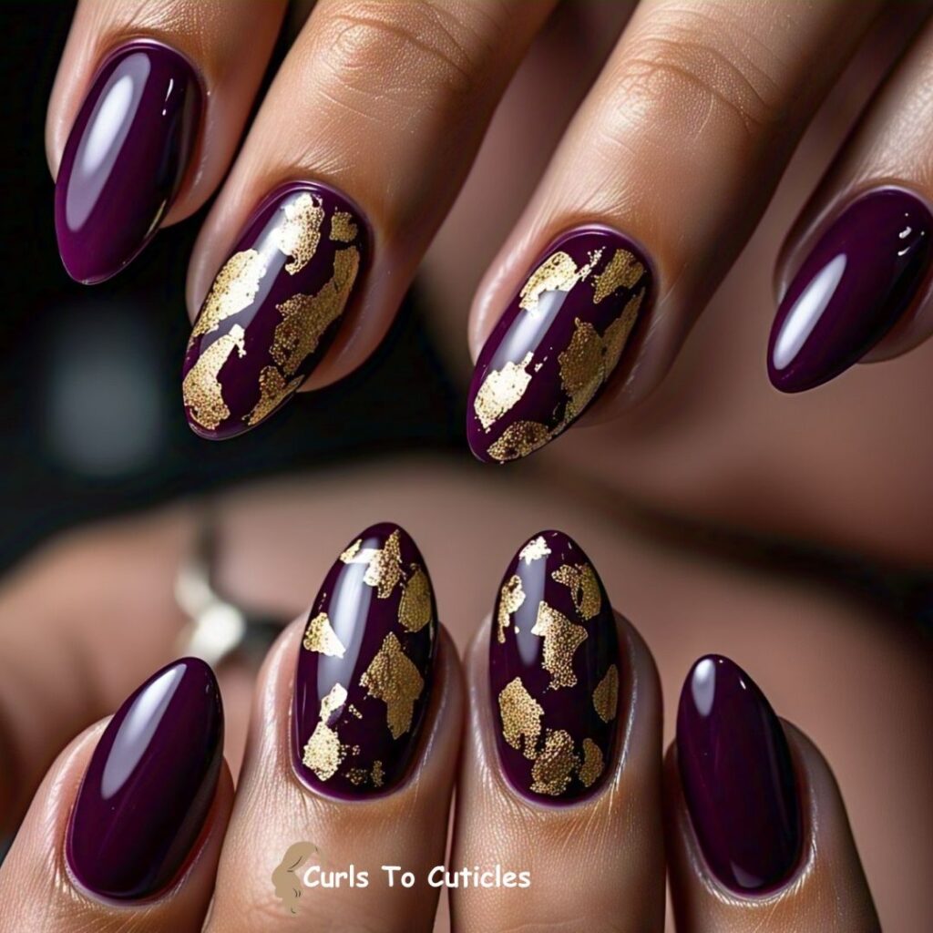Deep Plum with Gold Flakes Wedding Nail Design