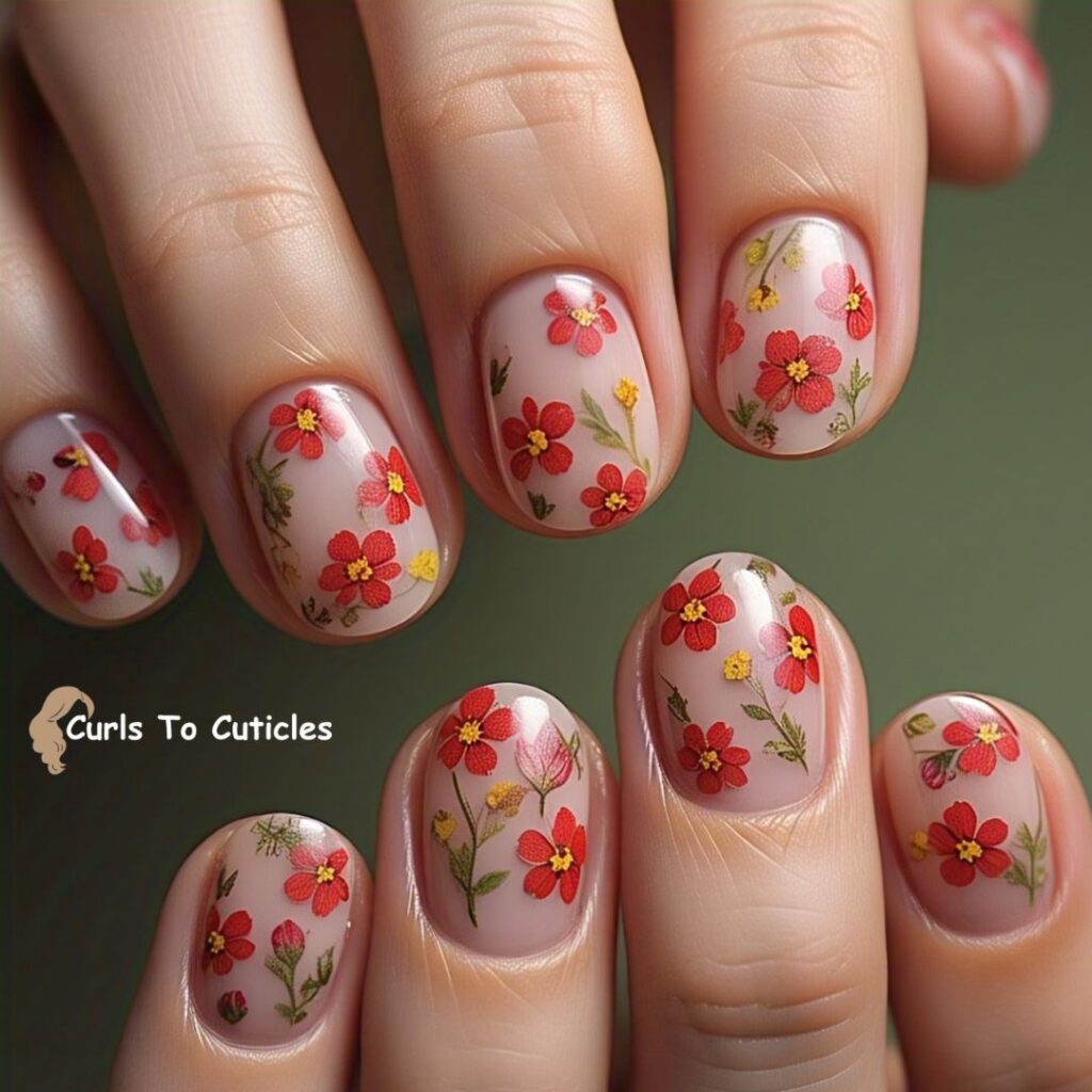 Field of Tiny red Flowers Floral Nail Art