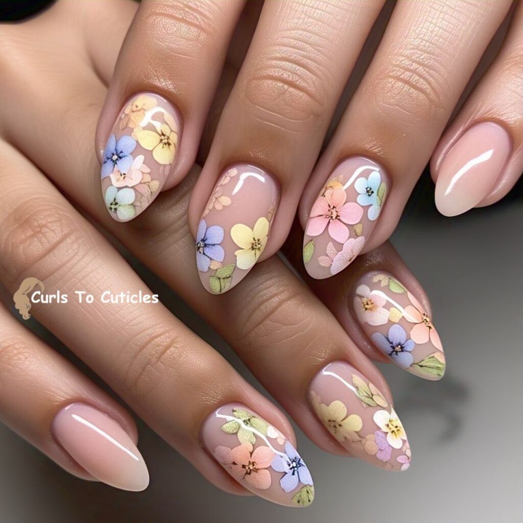 Floral Accent Almond Nails design