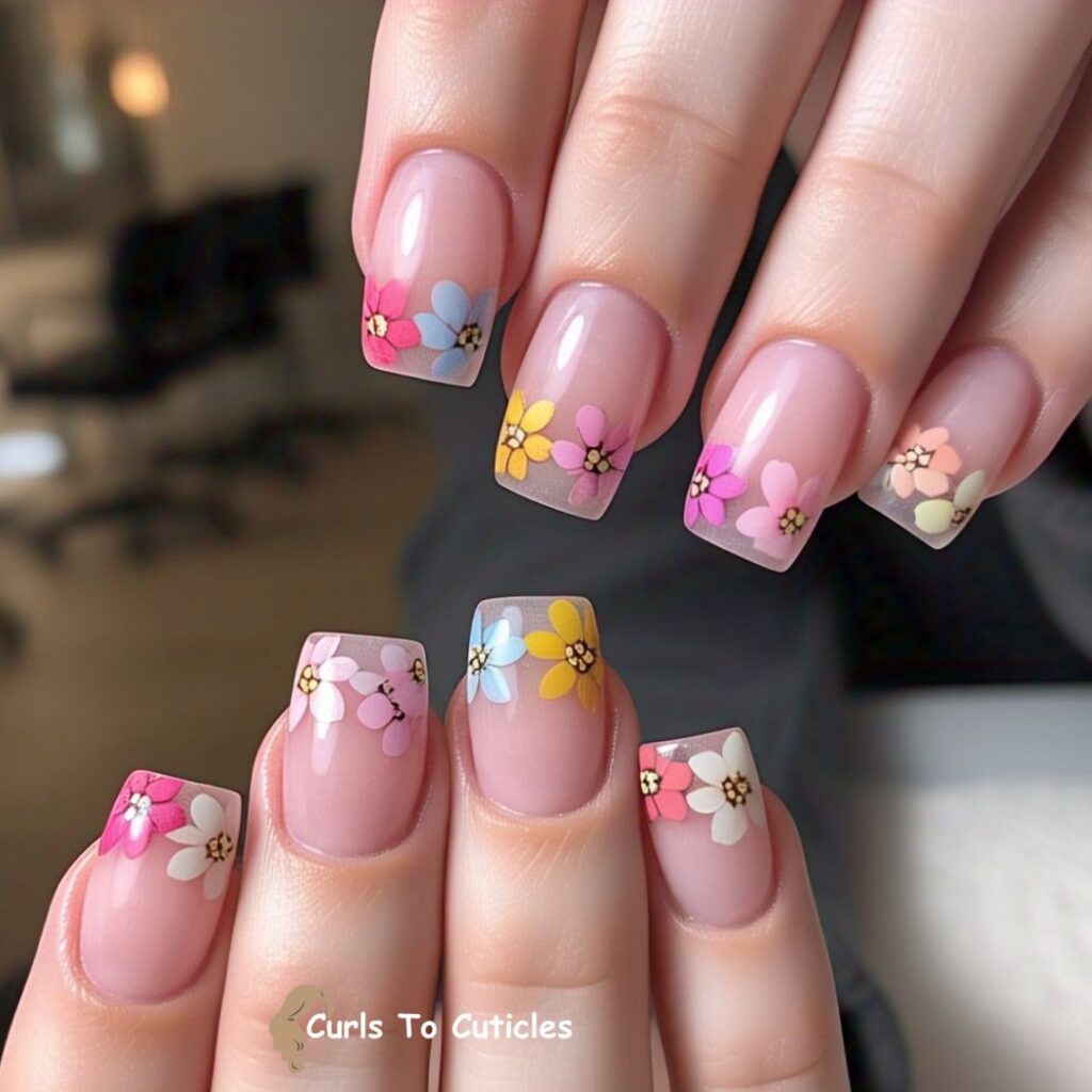 Garden French Tips Floral Nail Art 1