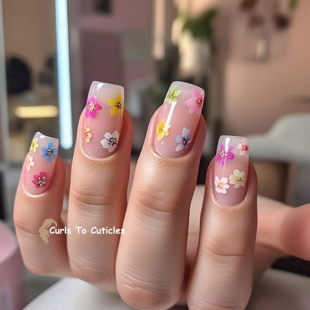 Garden French Tips Floral Nail Art 2