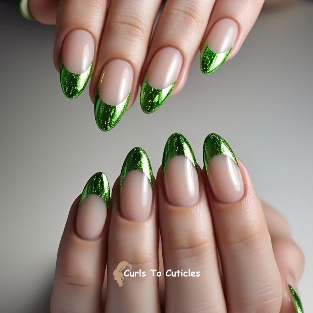 Green Chrome Tips Peridot inspired nail design