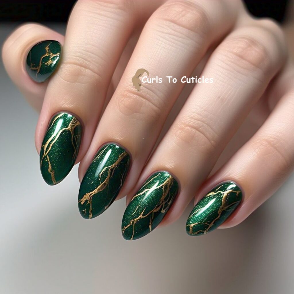 Green Gold Veins emerald inspired nail design