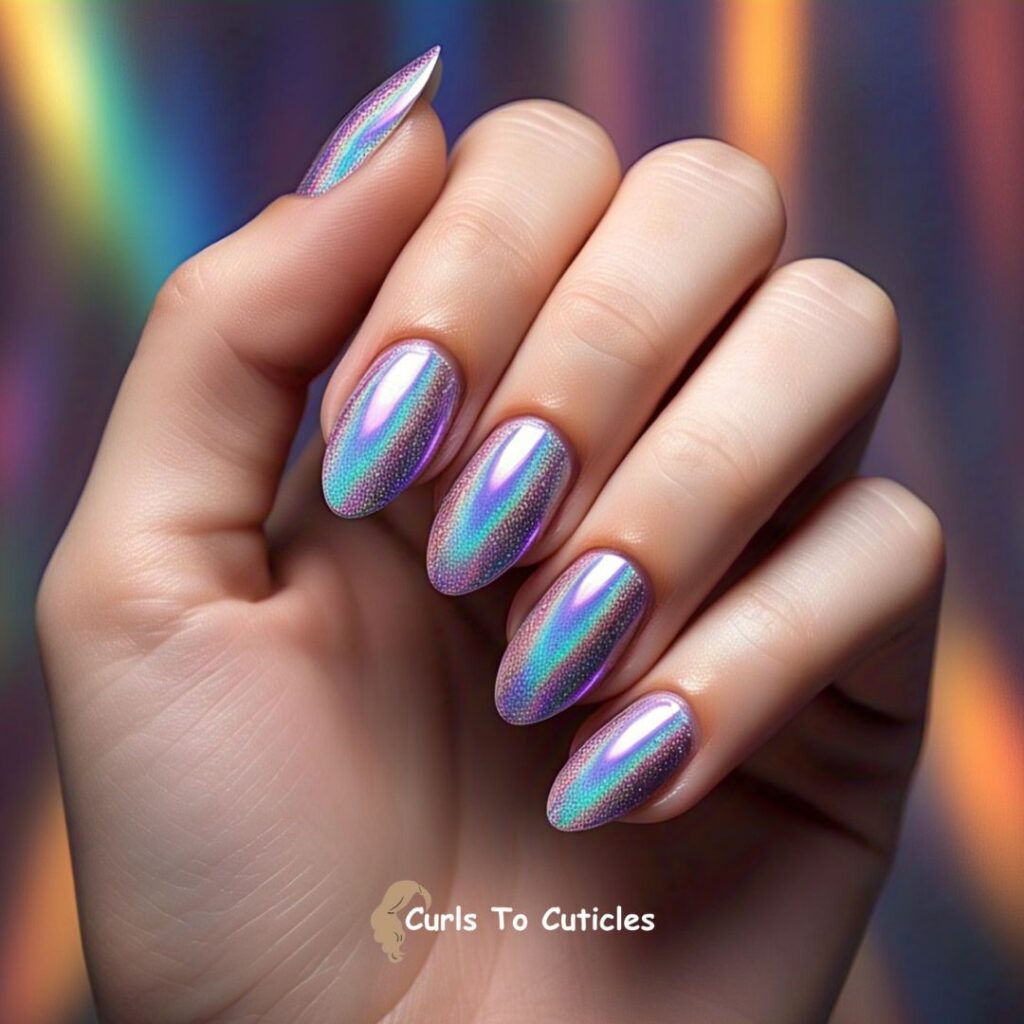 Iridescent Holographic Finish Almond Nails design