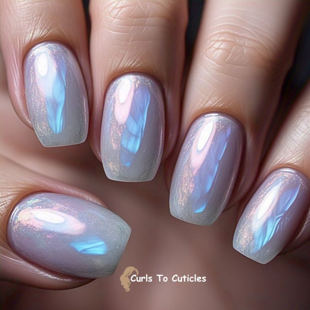 Iridescent White Polish Moonstone-Inspired nail design