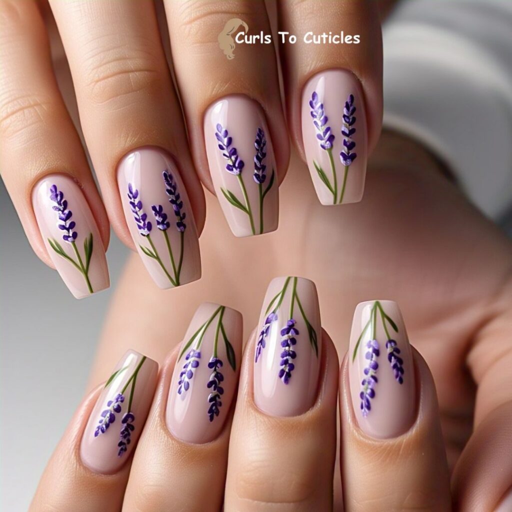  Lavender Stems on Nude Base floral nail art