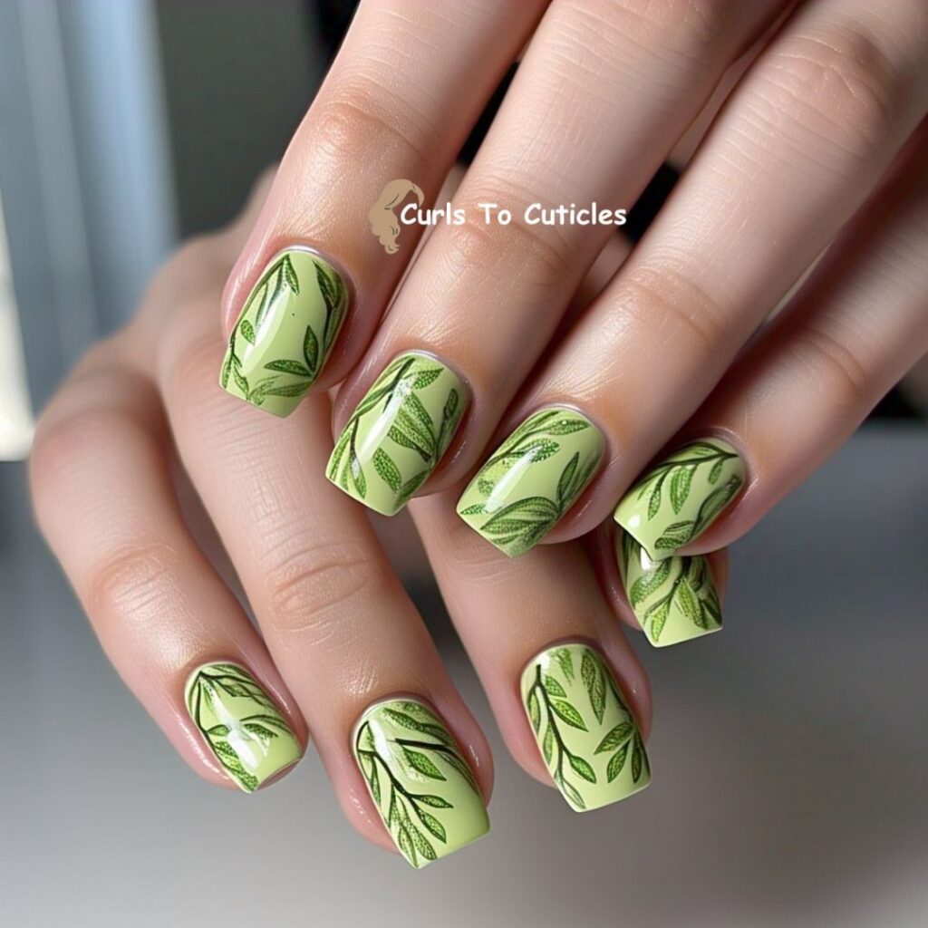 Leaf Vein Pattern Peridot inspired nail design