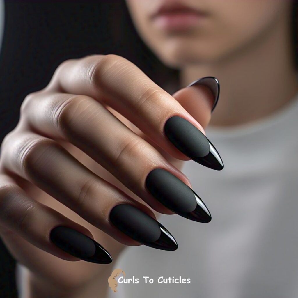 Matte Black with Glossy Tips Almond Nails design