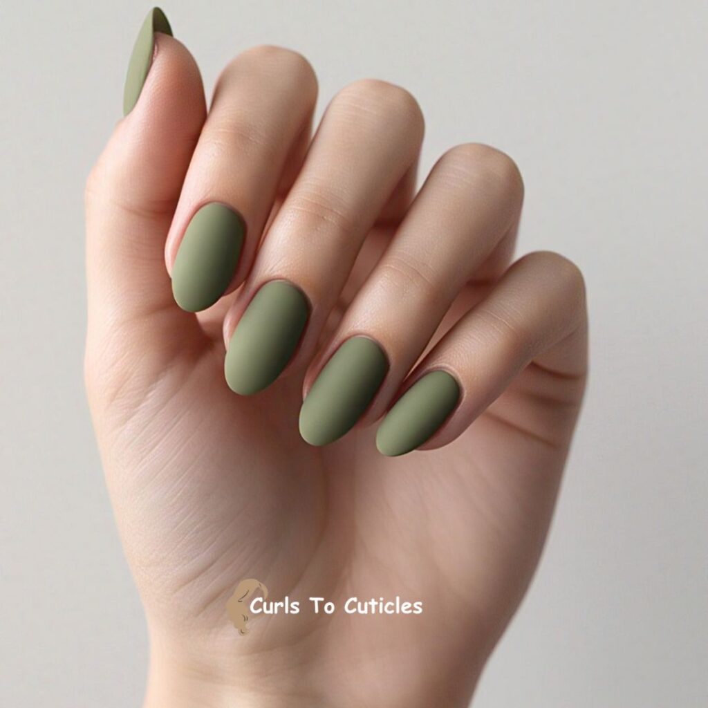 Matte Olive Green Almond Nails design