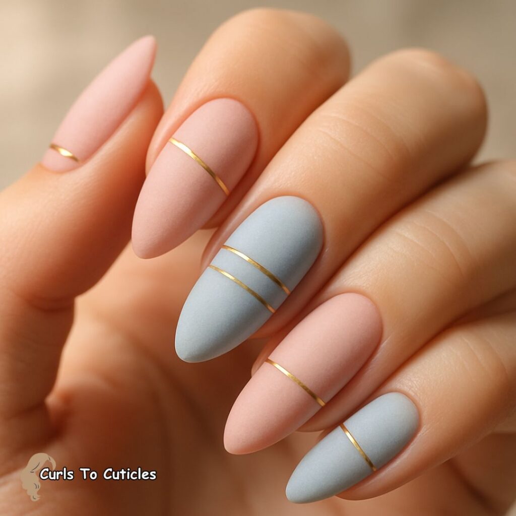 Matte Pastel Nails with Gold Stripes Spring Nails Design