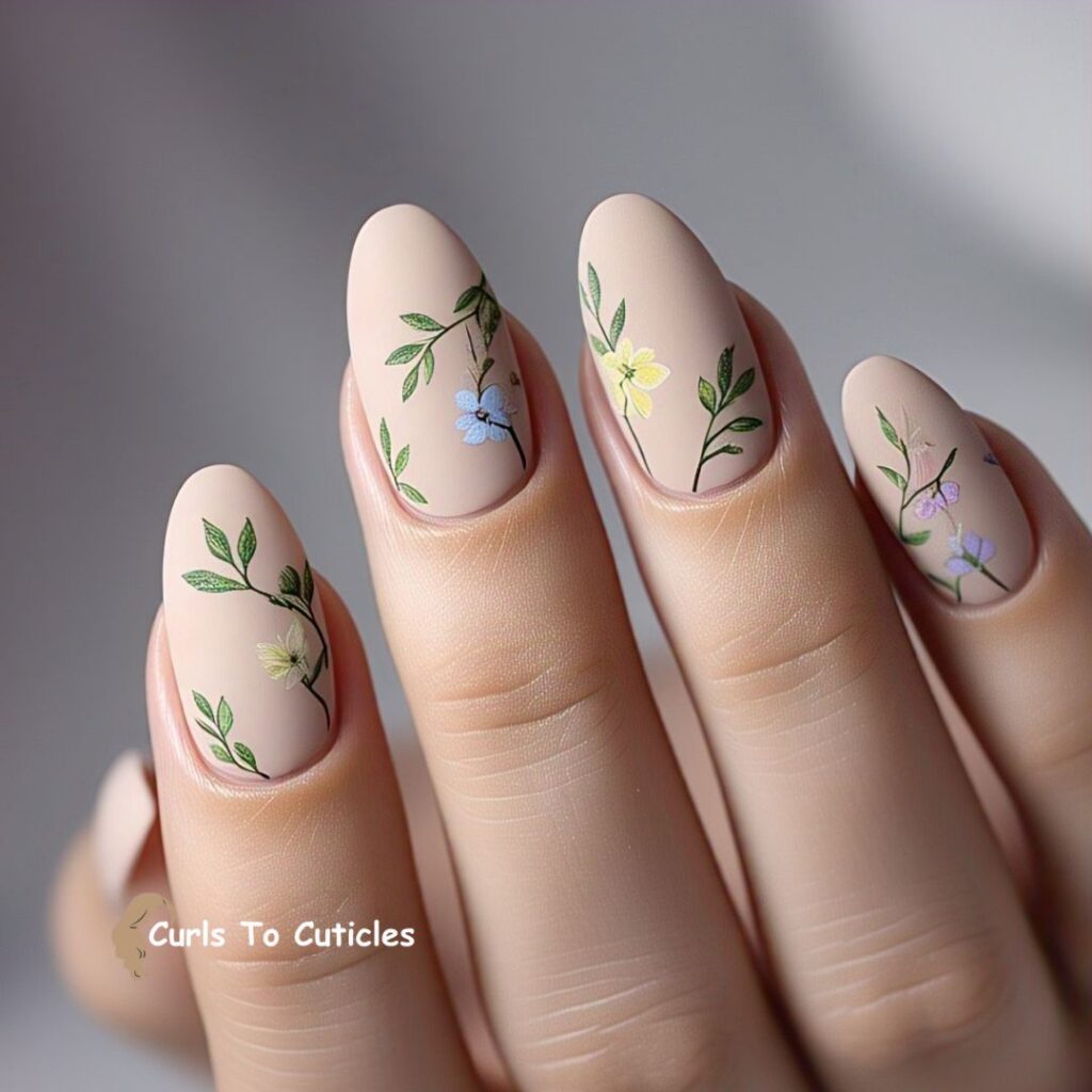 Minimalist Leaf and Flower Sprigs Floral Nail Art 2