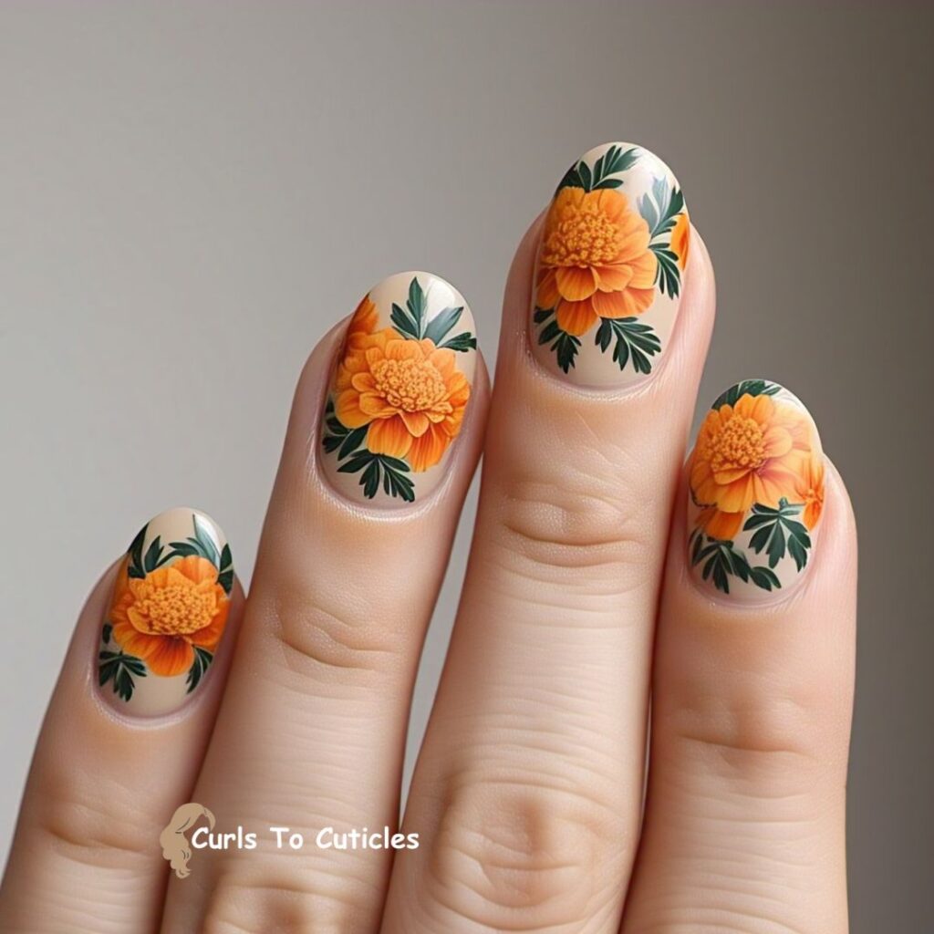 Orange Marigold Blooms Floral Nail Art
