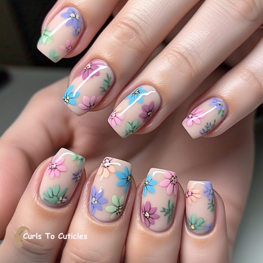 Pastel Garden Rows Floral Nail Art