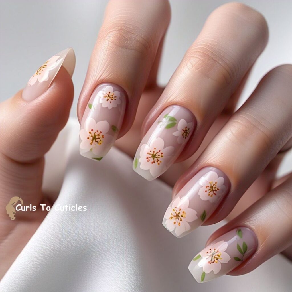 Pink Blossoms on Sheer White Floral Nail Art