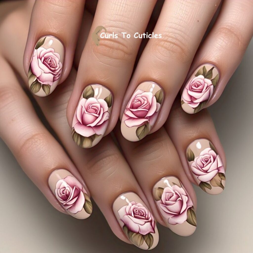 Pink Rose Garden Floral Nail Art