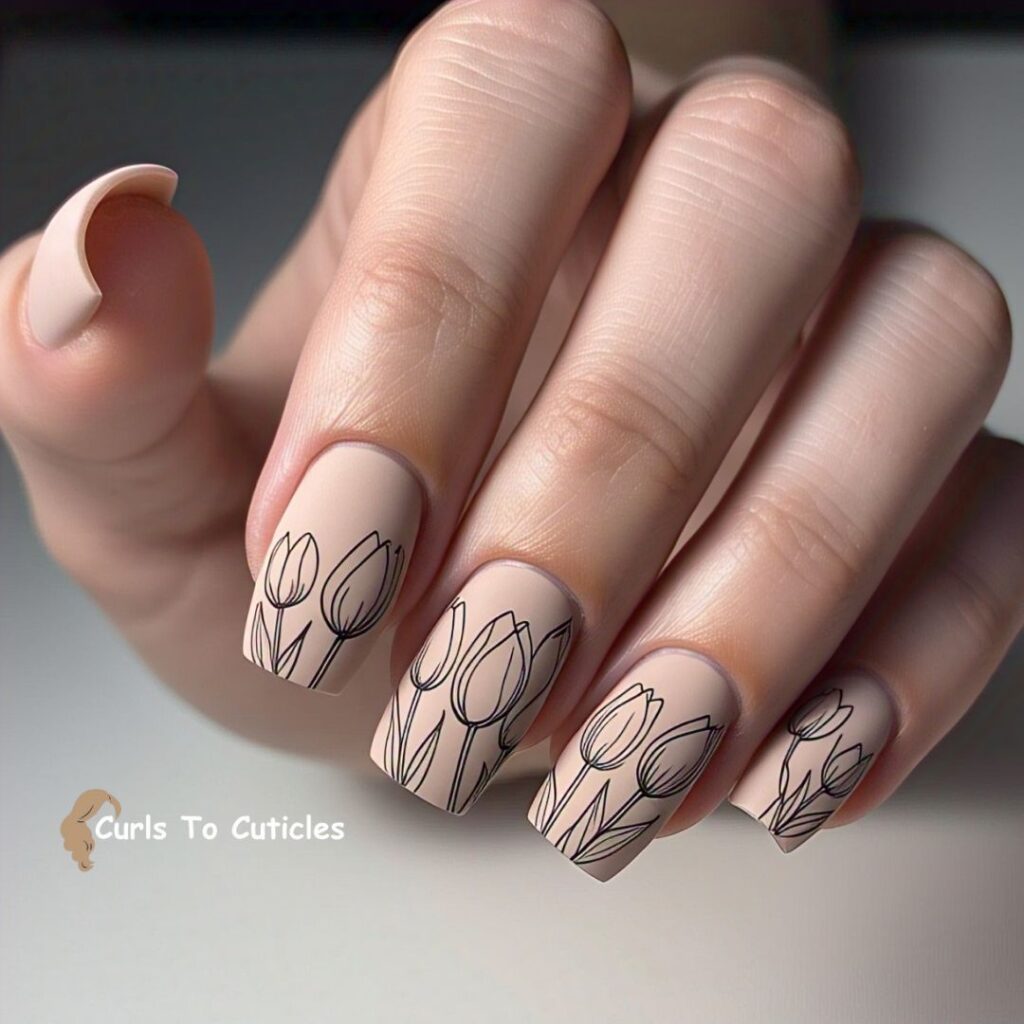 Purple Tulip Outline Floral Nail Art