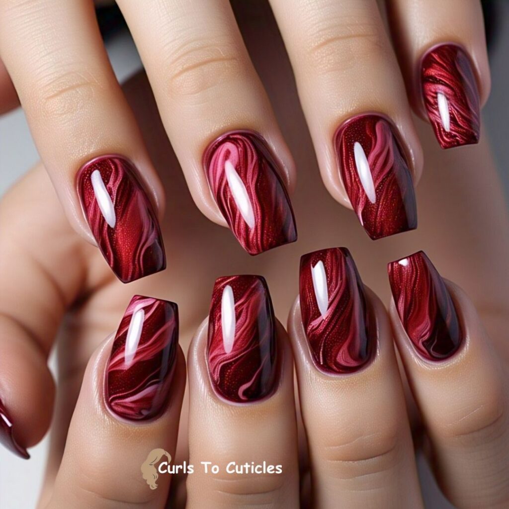 Red Marble Blend ruby inspired nail design