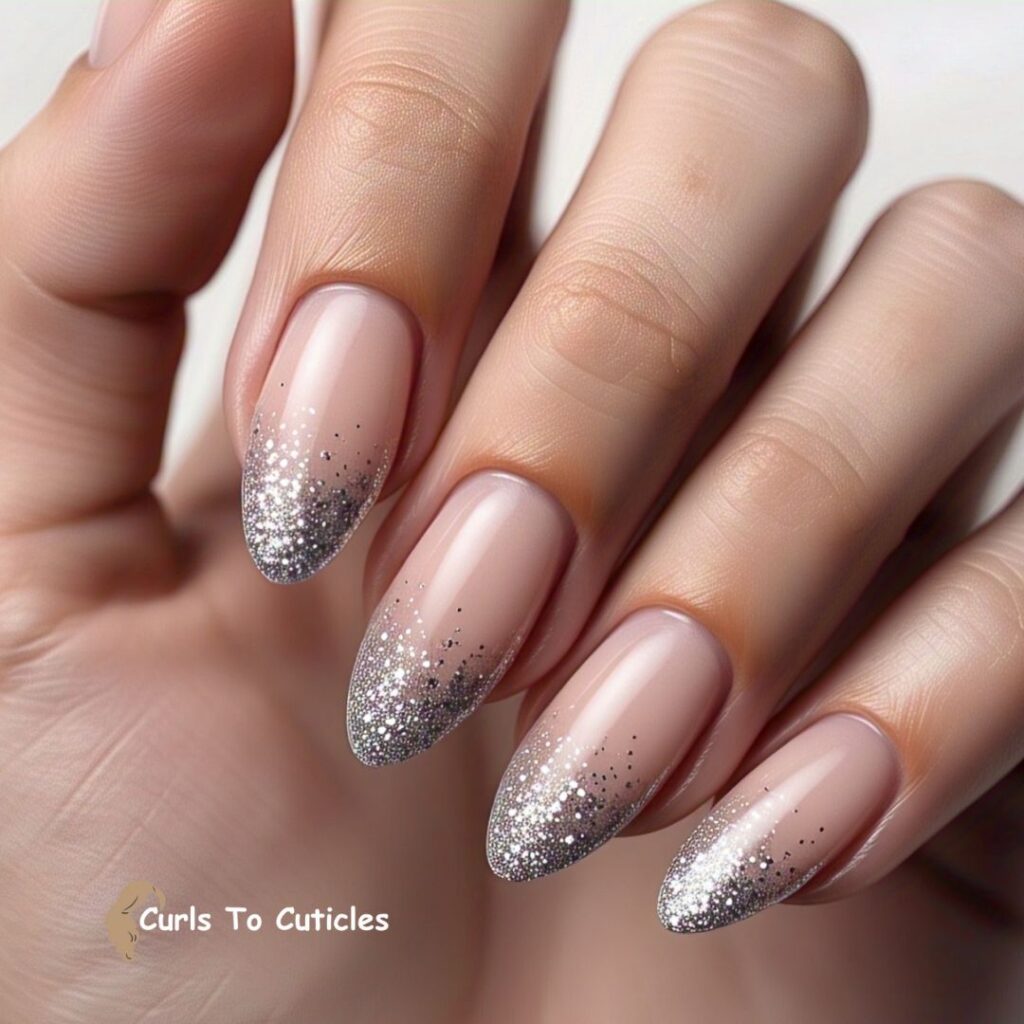 Silver Glitter Tips Almond Nails design