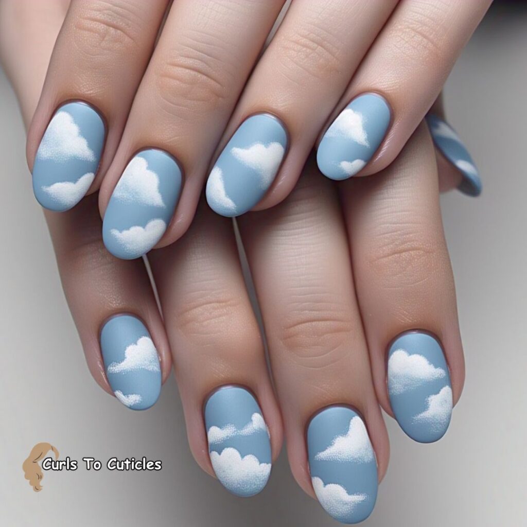 Sky Blue with Cloud Art spring nail designs