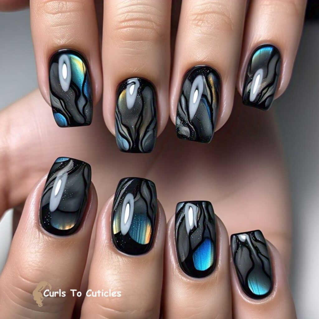 Smoky Swirl Effect Labradorite-Inspired nail design