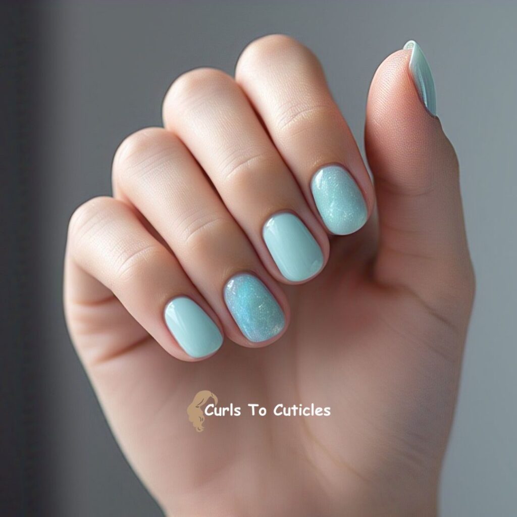 Soft Blue Wash Aquamarine inspired nail design