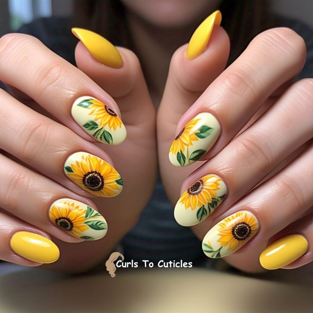 Sunflowers and Green Leaves Floral Nail Art
