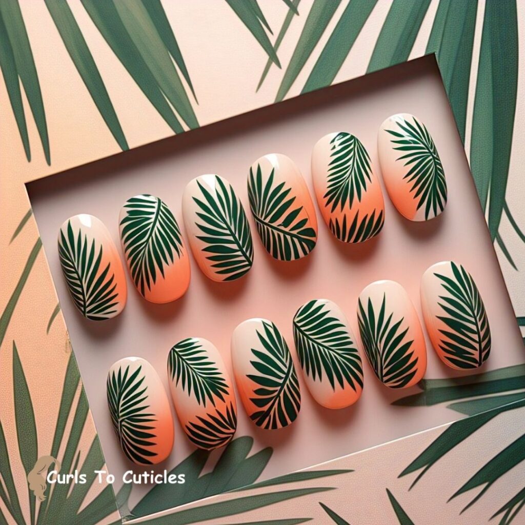 Tropical Palm Leaves summer nails design