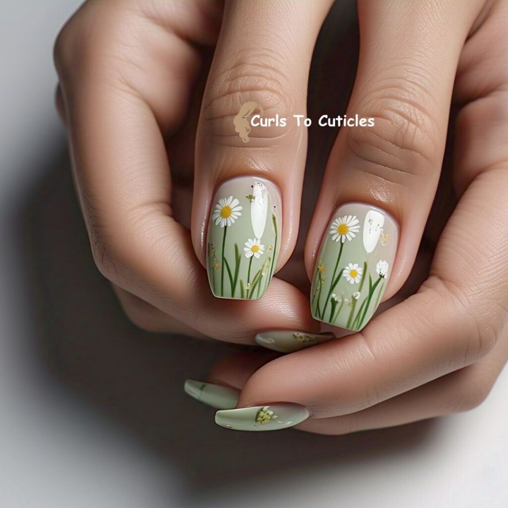 Wild Green Meadow Floral Nail Art