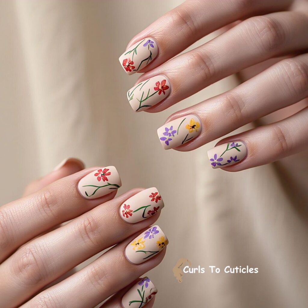 Wildflower Mix on Matte Base Floral Nail Art