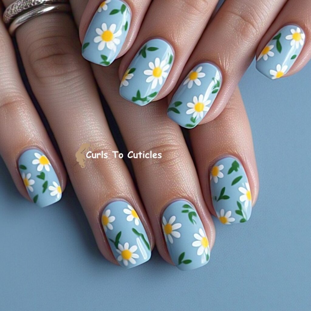 Yellow Daisies on Blue Floral Nail Art